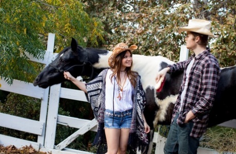 Cute farm girl Alison Rey gets banged and jizzed on upon a hay wagon