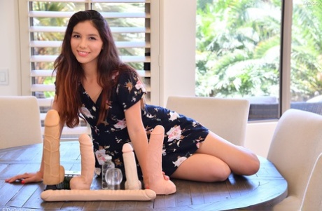 La belle Melody satisfait sa chatte excitée avec une pléthore de sex toys.