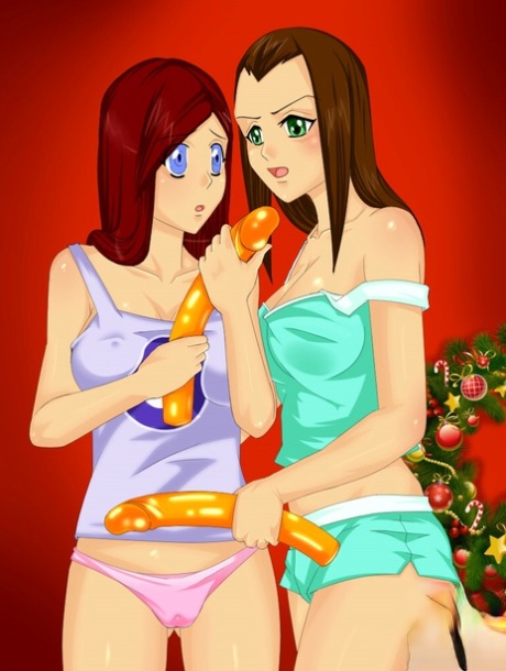 Chesty anime shemales spit roasting an old Santa with their big dicks