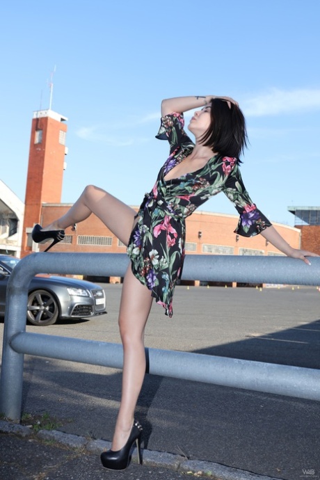 Black haired babe with an incredible ass Lady Dee strips and poses outdoors