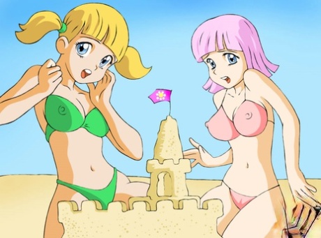 Shemales anime juguetonas con pollas grandes follan con un chico guapo en una playa de arena